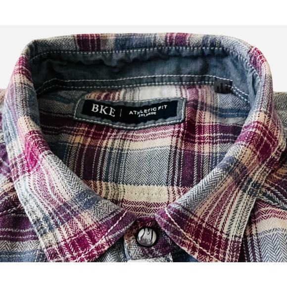 BKE ATHLETIC FIT SHORT SLV, SNAP FRONT, WESTERN SHIRT, MENS-2XL-BLUE PURP PLAID - Picture 2 of 12